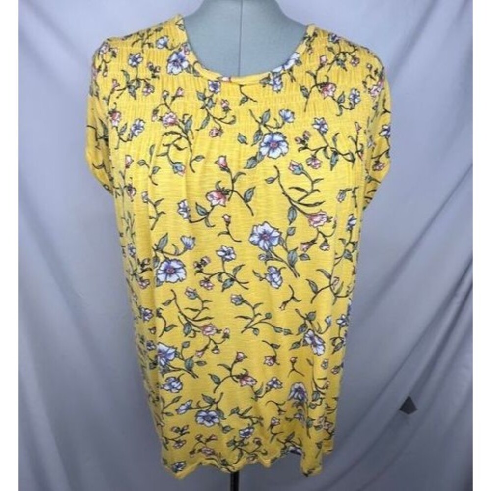 ELLOS Women’s 2X Yellow Floral Tunic Top Smocked Yoke Cottagecore Boho